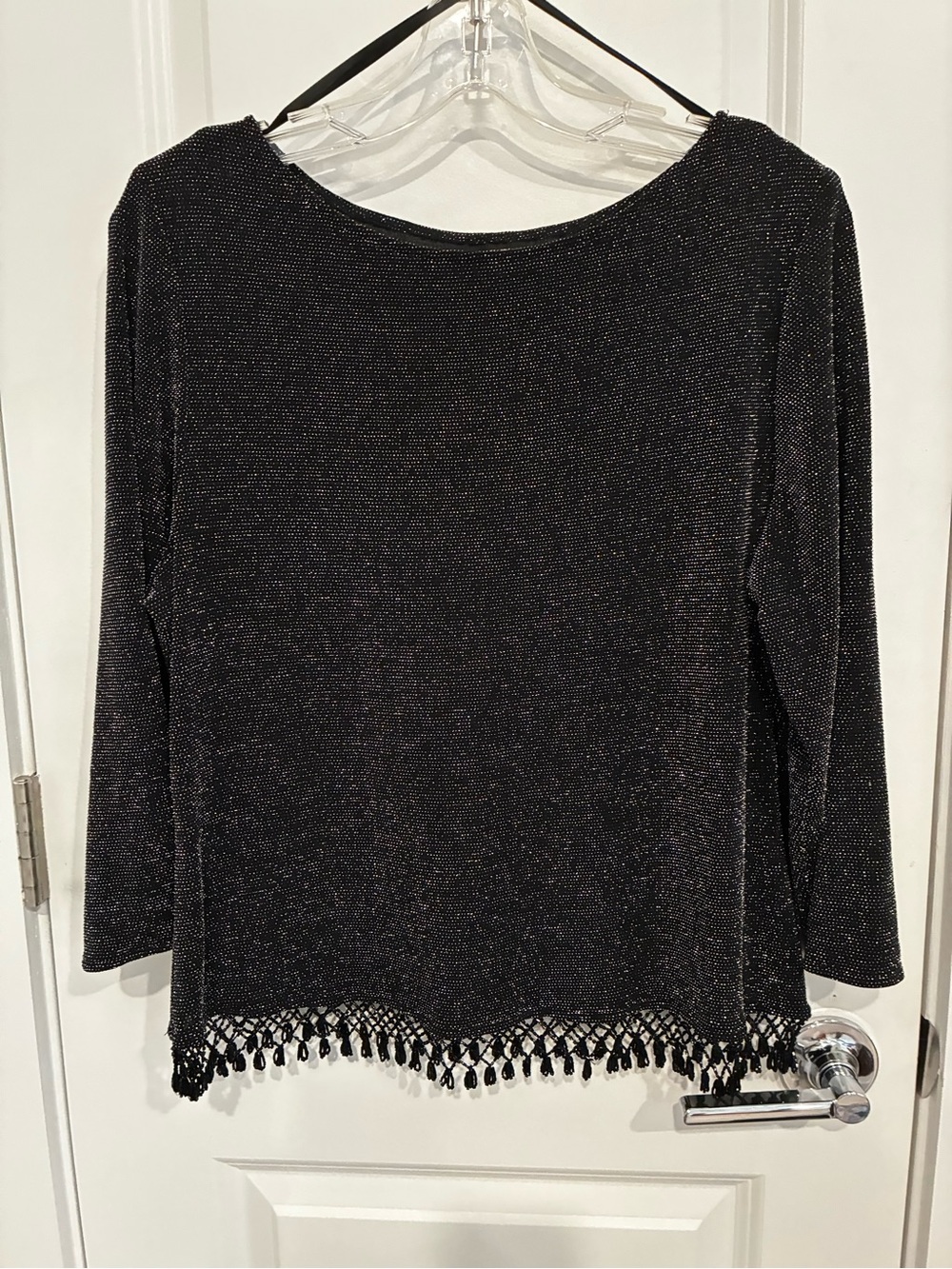 Women’s Black Sparkle Long-Sleeve Top with Tassel Hem